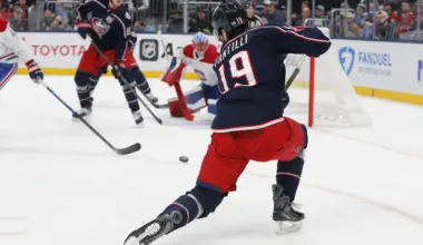 Columbus Blue Jackets center Adam Fantilli (19) wrists a shot on goal against the Montreal Canadiens during the second period at Nationwide Arena.