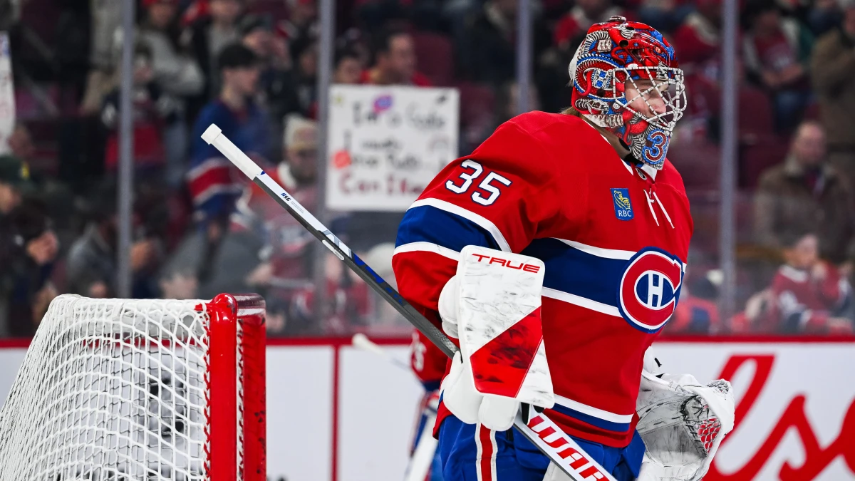 Montreal Canadiens goalie Samuel Montembeault (35) looks on during warm-up before the game against the New York Islanders at Bell Centre.