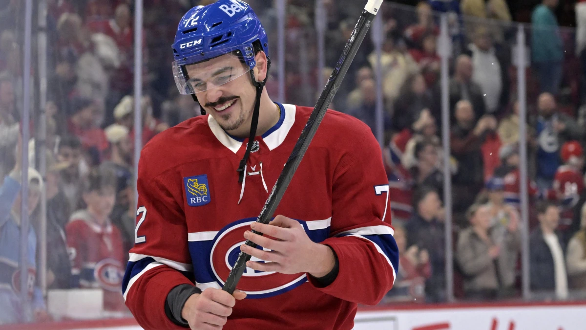 Montreal Canadiens defenseman Arber Xhekaj (72) celebrates the win against the Toronto Maple Leafs at the Bell Centre.