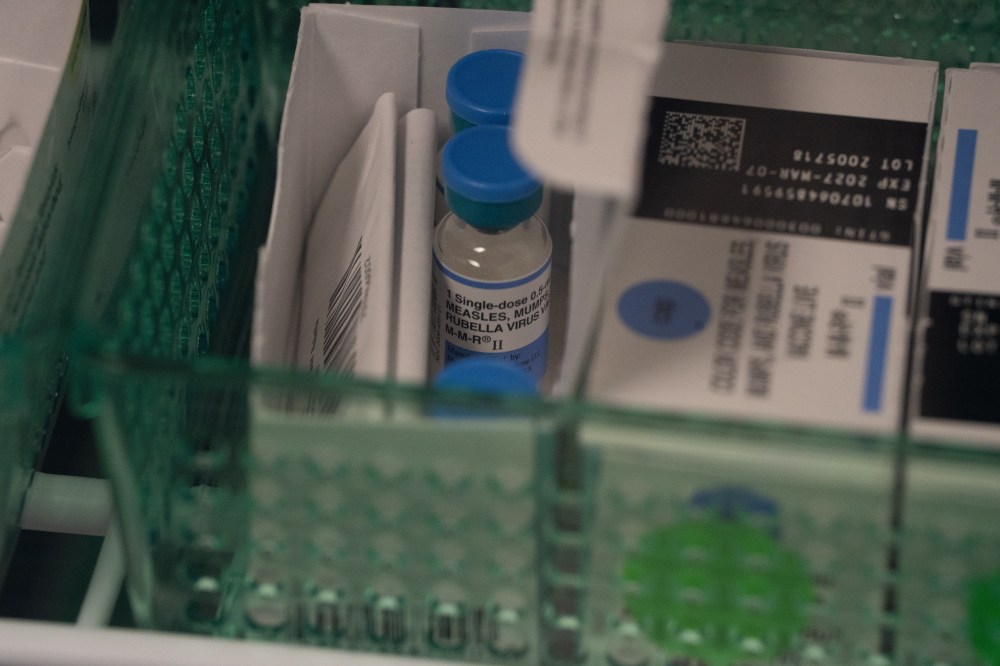 Vials of the combination measles, mumps and rubella vaccine are seen in a fridge in Easley, S.C., on March 17, 2026. THE CANADIAN PRESS/AP - Mary Conlon