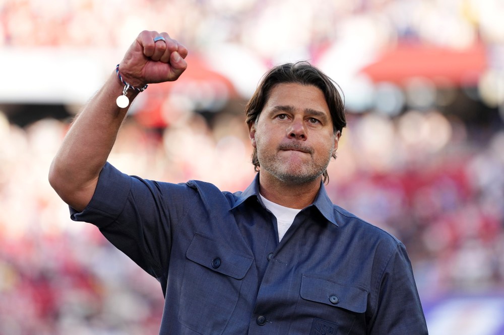United States head coach Mauricio Pochettino gestures as he walks off the pitch after United States defeated Bosnia in the World Cup round of 32 soccer match between the United States and Bosnia in Santa Clara, Calif., near San Francisco, Wednesday, July 1, 2026. (AP Photo/Martin Meissner)