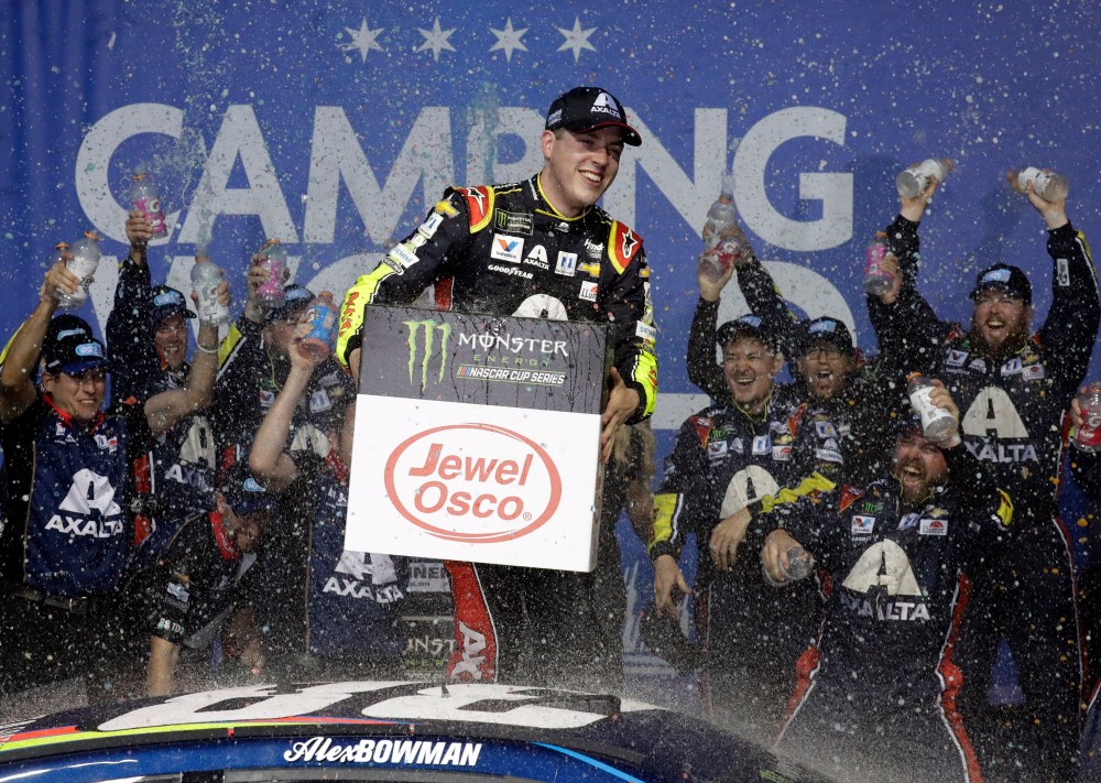 FILE - Alex Bowman celebrates after winning the NASCAR Cup Series auto race at Chicagoland Speedway in Joliet, Ill., Sunday, June 30, 2019. (AP Photo/Nam Y. Huh,File)