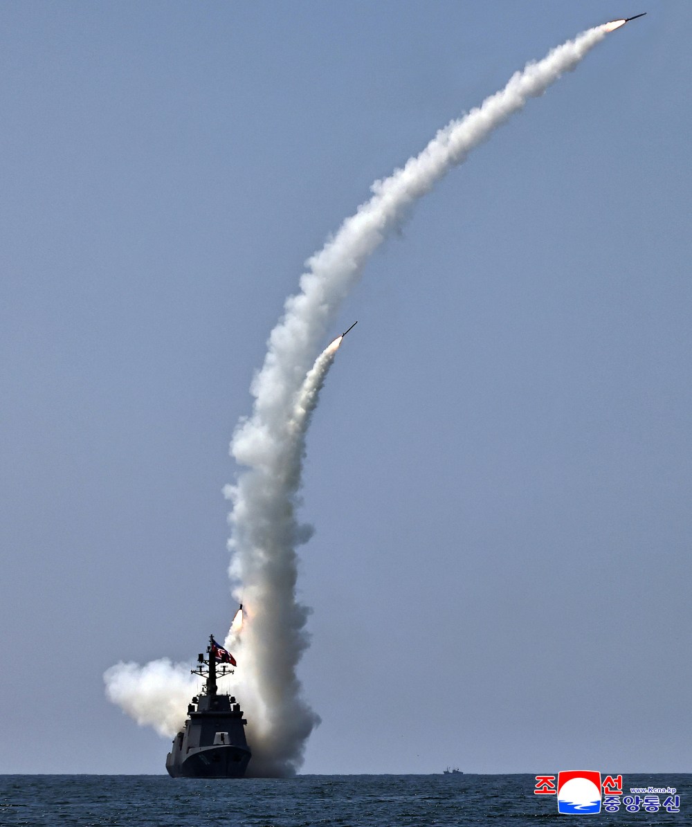 This photo provided by the North Korean government, shows what it says the tests of a destroyer, the Kang Kon’s strategic cruise missile at an undisclosed place in North Korea Friday, July 3, 2026. Independent journalists were not given access to cover the event depicted in this image distributed by the North Korean government. The content of this image is as provided and cannot be independently verified. Korean language watermark on image as provided by source reads: