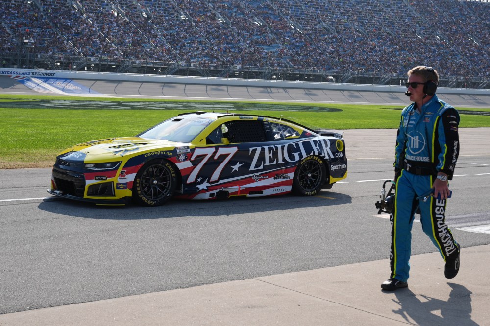 Carson Hocevar (77) drives to the track during a NASCAR Cup Series auto race at Chicagoland Speedway in Joliet, Ill., Sunday, July 5, 2026. (AP Photo/Nam Y. Huh)