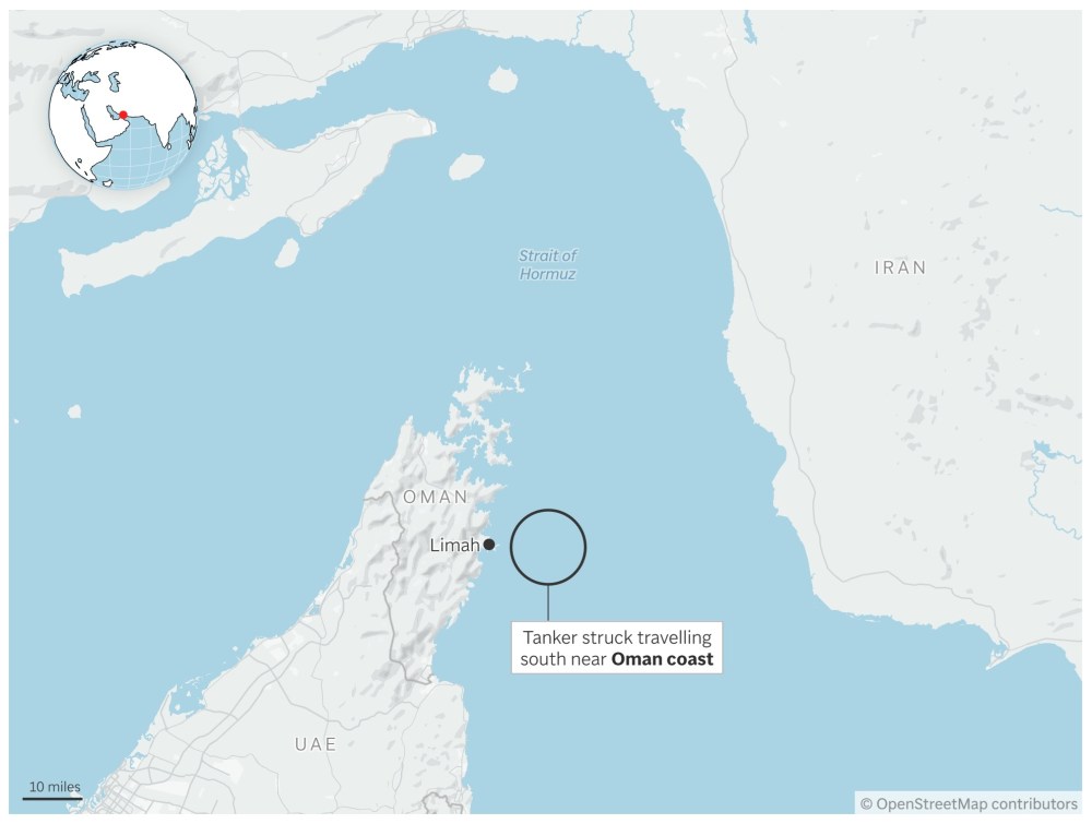 Map showing where a tanker was struck in the Strait of Hormuz. (AP Digital Embed)
