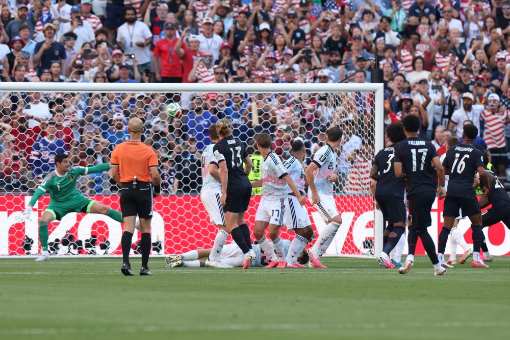 United States' Malik Tillman (17) scores his team's first goal during the World Cup round of 16 soccer match between the United States and Belgium in Seattle, Monday, July 6, 2026. (AP Photo/Maddy Grassy)