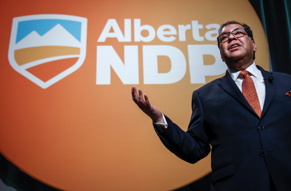 Naheed Nenshi delivers his acceptance speech after being named as the new leader of the Alberta NDP in Calgary, Saturday, June 22, 2024.THE CANADIAN PRESS/Jeff McIntosh
