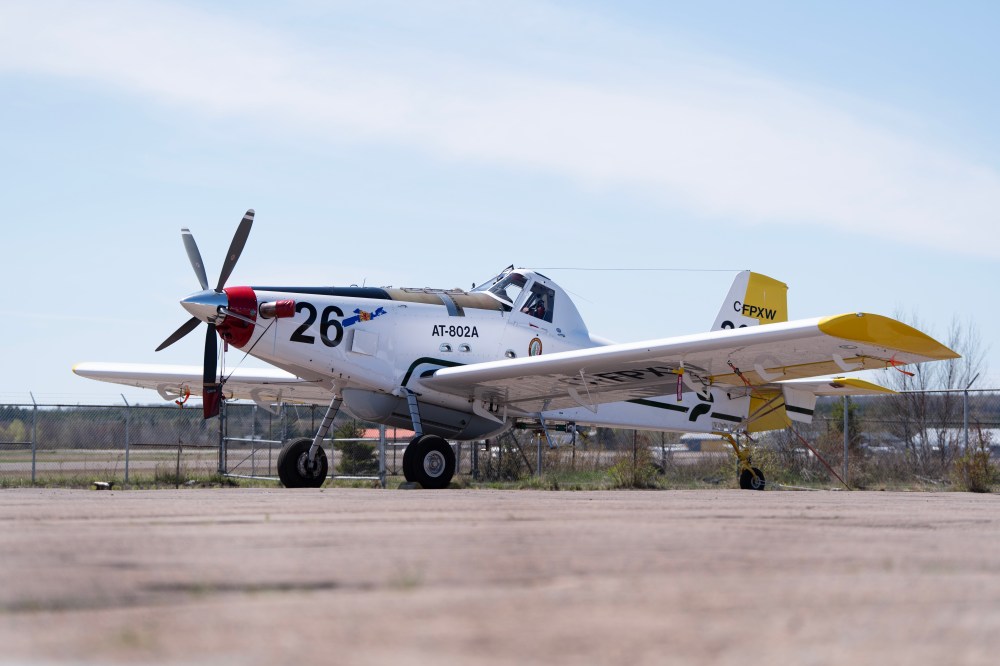 One of four Air Tractor water bombers is seen during an announcement of the contracted fixed-wing water bombers and a co-ordination plane for wildfire response in Debert, N.S. on Wednesday, May 13, 2026. THE CANADIAN PRESS/Darren Calabrese