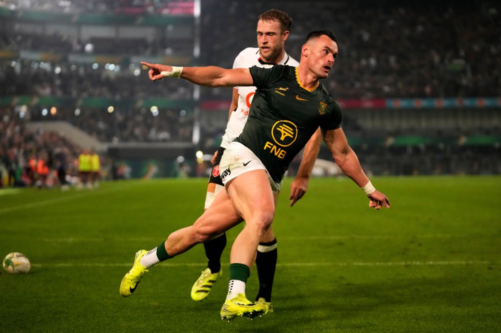 South Africa's Jesse Kriel, center, celebrates after scoring a try during the Nations Championship Test rugby match between South Africa and Wales, in Durban, Saturday, July 18, 2026. (AP Photo/Themba Hadebe)