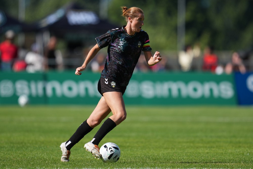 Vancouver Rise FC's Tori Tumeth controls the ball during a NSL match against Toronto AFC in Burnaby, British Columbia, Sunday, June 28, 2026. (AP Photo/Abbie Parr)