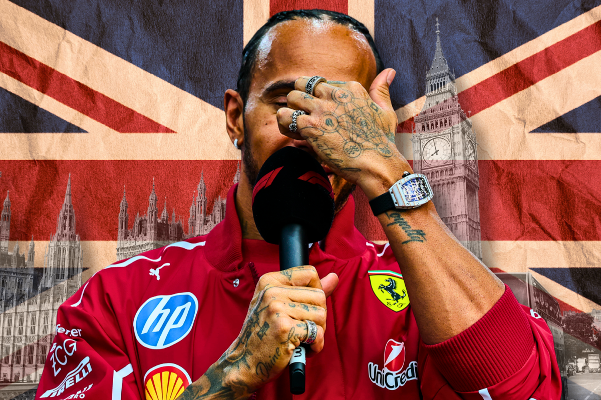 Hamilton holding F1 mic in Ferrari merch with hand covering face in front of union jack and London landscape background