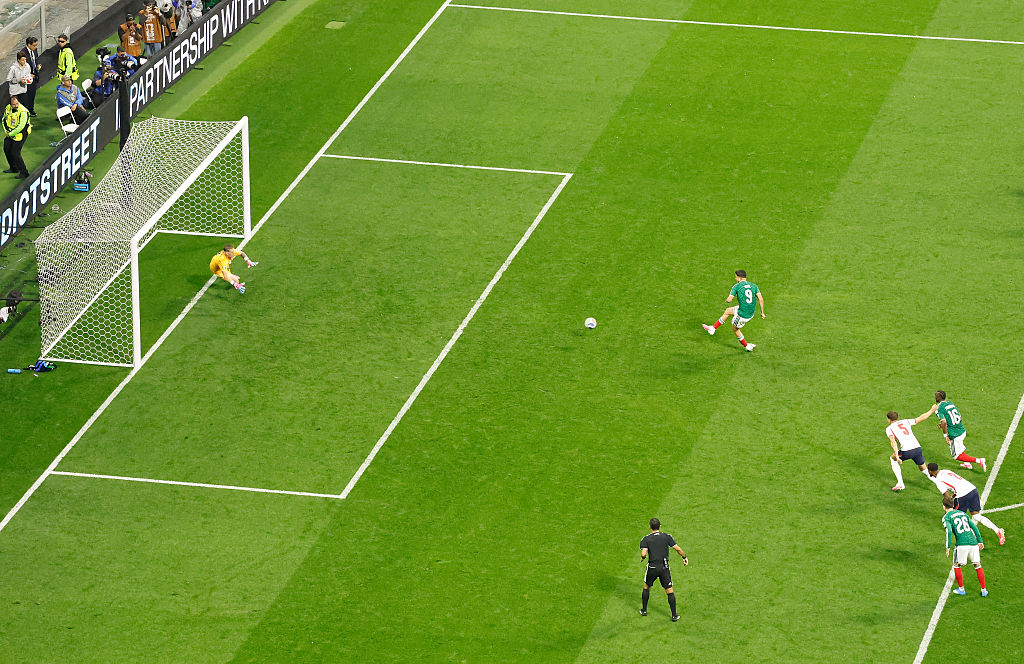 Raul Jimenez beat Jordan Pickford from the spot to pull Mexico's deficit back to 3-2 against England
