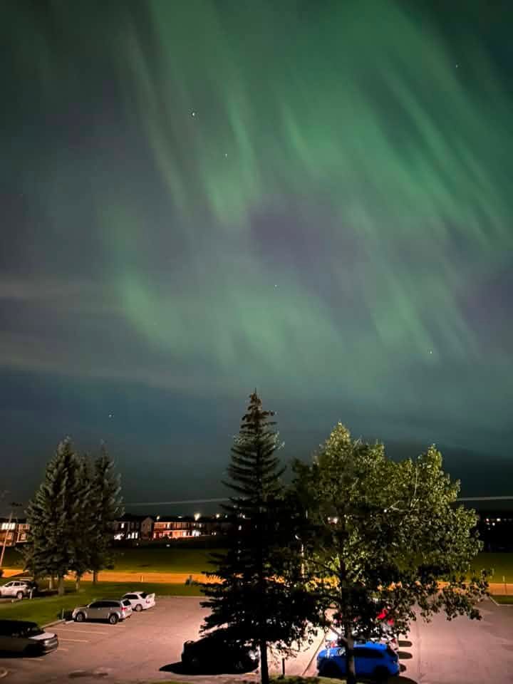 Green curtains of the aurora borealis sweep across the northwestern sky above Tower Lane Drive in Val Mond, creating a dazzling late-night display just before midnight. Photo Chantel L. Mc