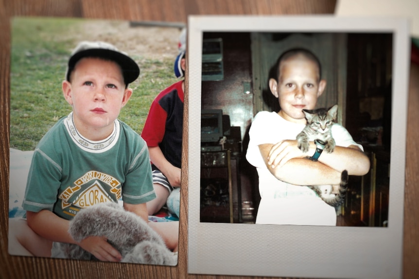 Two images of a boy. On the left he is near a furry animal. On the right, he holds a cat.