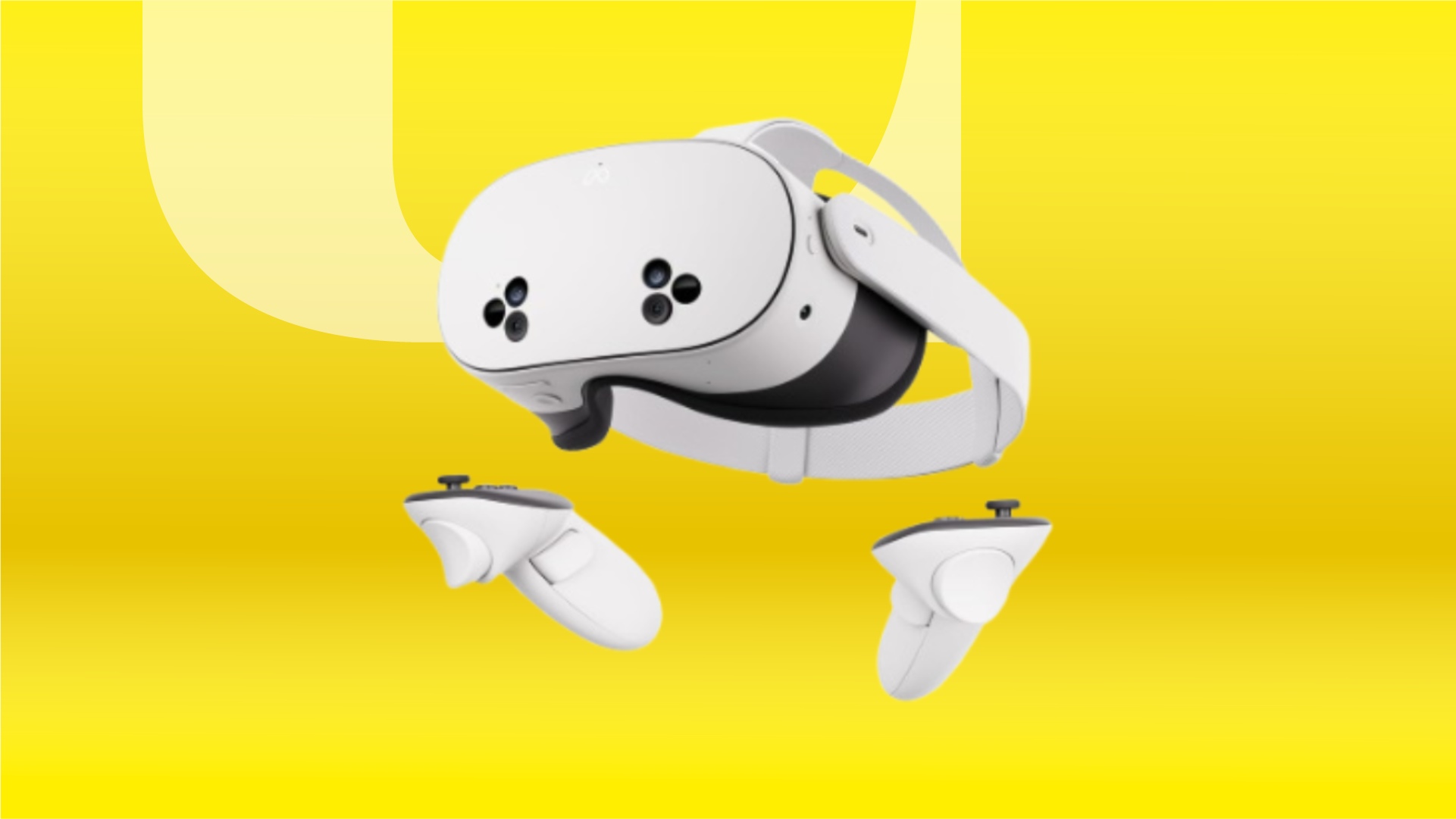 White MetaQuest 3S VR headset against a vibrant lemon yellow background