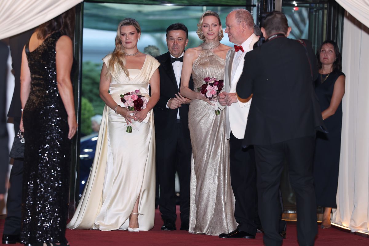 Camille Gottlieb arrives at the 77th Monaco Red Cross Gala in a pale yellow Elisabetta Franchi gown