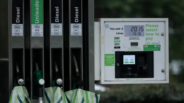 Fuel pump nozzles on a forecourt in Manchester