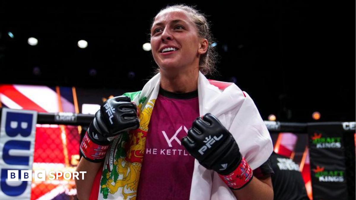 Dakota Ditcheva wearing MMA gloves with a flag draped over her shoulders