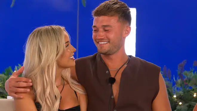 Love Island's Ellie Chadwick and Finley Maddock pictured smiling together.