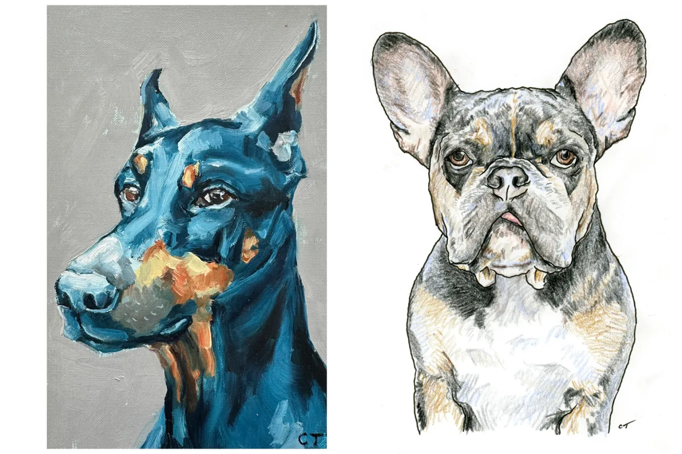 Collage of two illustrations of dogs: a Doberman Pinscher on a gray background and a French Bulldog on a white background.