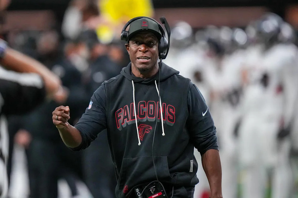 Former Atlanta Falcons head coach Raheem Morris reacts on the sidelines during the second half against the New Orleans Saints.Matthew Hinton-Imagn Images