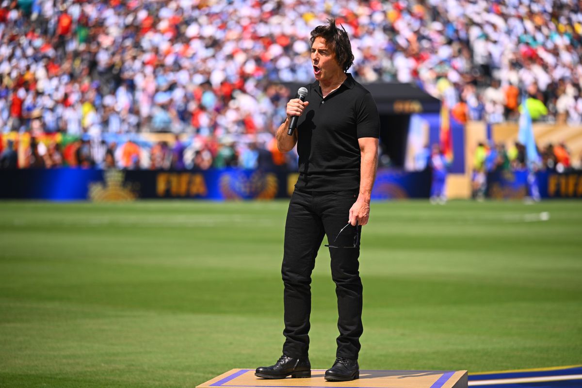 Tom Cruise performs at the pre-World Cup Final show. 