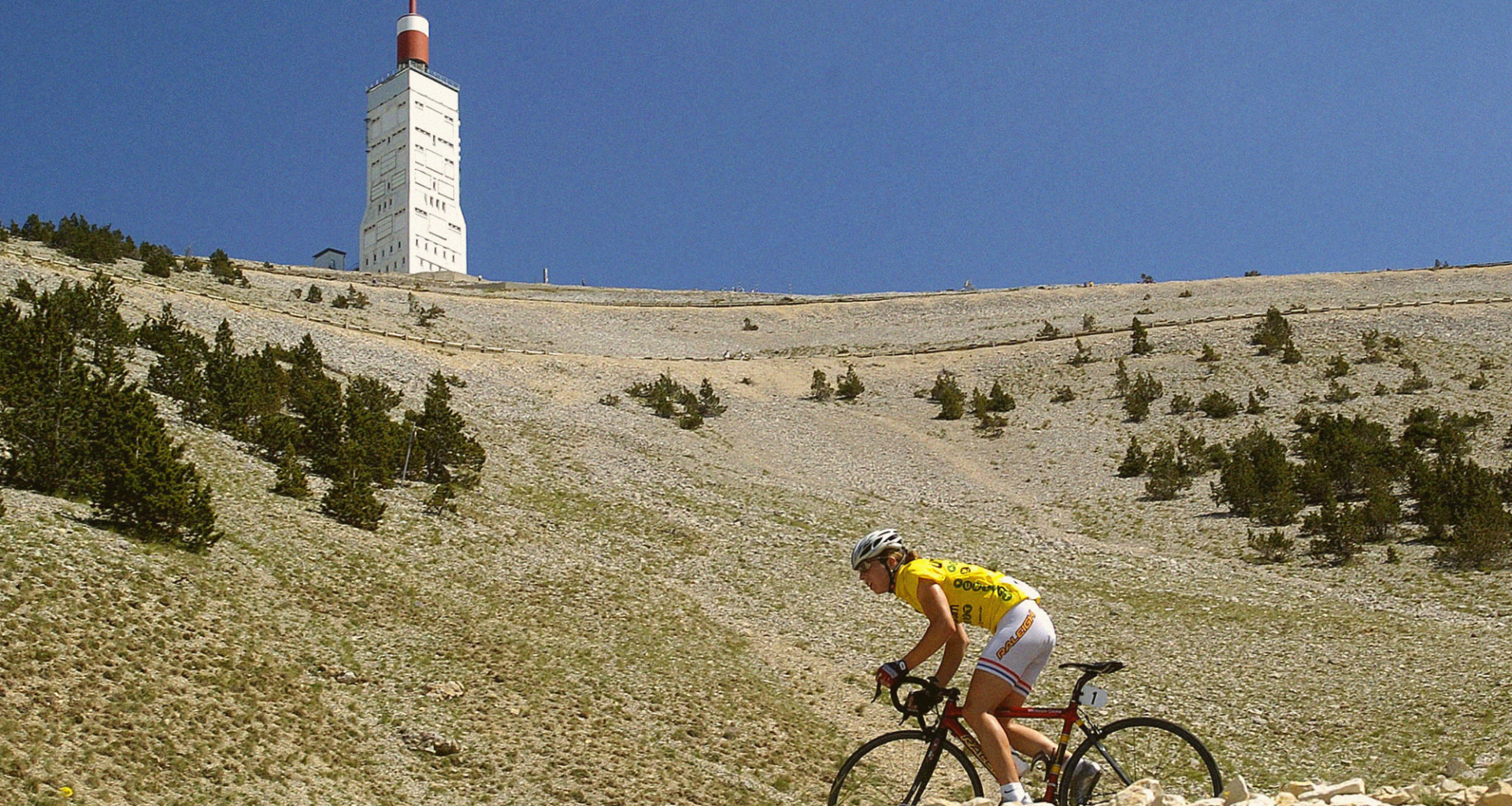 Nicole Cooke climbs Mont Ventoux, with the summit above her, during the fifth stage of La Grande Boucle F&eacute;minine Internationale in 2006.