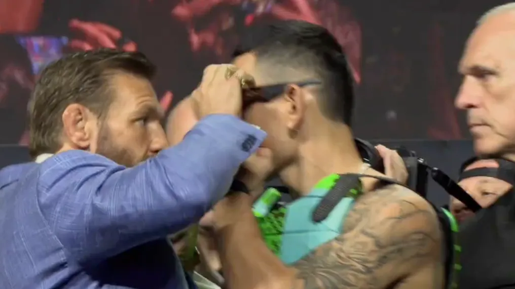 Video: Conor McGregor rips off Max Holloway's sunglasses at first UFC 329 faceoff