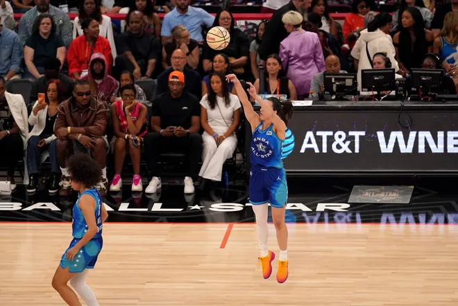 CHICAGO, ILLINOIS - JULY 25: Caitlin Clark #22 of Team Spoon shoots a 3-point basket against Team Coop during the second quarter in the 2026 AT & T WNBA All-Star Game at the United Center on July 25, 2026, in Chicago, Illinois. NOTE TO USER: User expressly acknowledges and agrees that, by downloading and/or using this photograph, User is consenting to the terms and conditions of the Getty Images License Agreement. (Photo by Sage Zipeto/Getty Images)