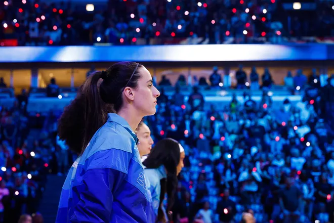 Jul 25, 2026; Chicago, Illinois, USA; Team Spoon guard Caitlin Clark (22) looks on before the 2026 WNBA All Star Game at United Center. Mandatory Credit: Kamil Krzaczynski-Imagn Images