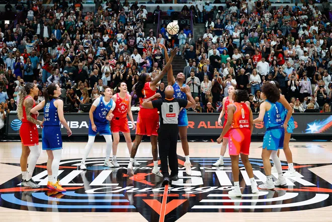 Jul 25, 2026; Chicago, Illinois, USA; Team Coop forward Natasha Howard (1) and Team Spoon center Aliyah Boston (7) jump for the ball in the first quarter during the 2026 WNBA All-Star Game at the United Center. Mandatory Credit: Kamil Krzaczynski-Imagn Images