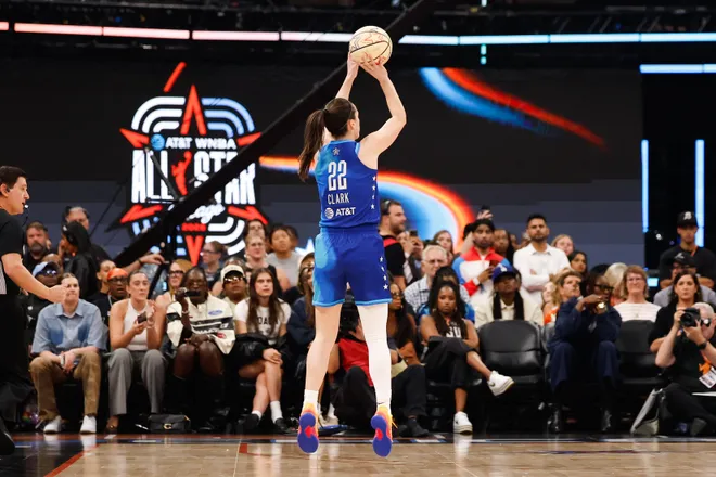 Jul 25, 2026; Chicago, Illinois, USA; Team Spoon guard Caitlin Clark (22) shoots in the first half against Team Coop during the 2026 WNBA All-Star Game at the United Center. Mandatory Credit: Kamil Krzaczynski-Imagn Images