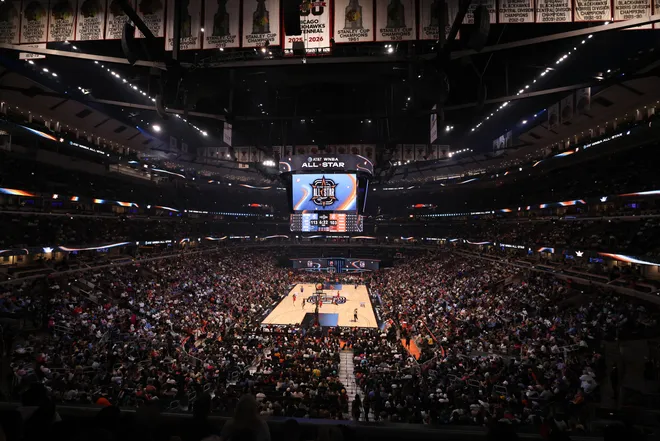 CHICAGO, ILLINOIS - JULY 25: A general view of Team Spoon playing Team Coop during the 2026 AT & T WNBA All-Star Game at the United Center on July 25, 2026, in Chicago, Illinois. NOTE TO USER: User expressly acknowledges and agrees that, by downloading and/or using this photograph, User is consenting to the terms and conditions of the Getty Images License Agreement. (Photo by Sage Zipeto/Getty Images)