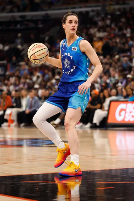 Jul 25, 2026; Chicago, Illinois, USA; Team Spoon guard Caitlin Clark (22) controls the ball in the second half against Team Coop during the 2026 WNBA All-Star Game at the United Center. Mandatory Credit: Kamil Krzaczynski-Imagn Images