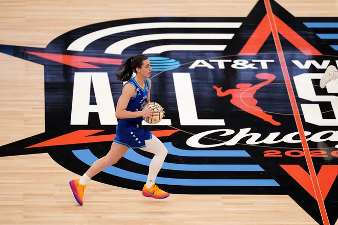 CHICAGO, ILLINOIS - JULY 25: Caitlin Clark #22 of Team Spoon dribbles against Team Coop during the second half in the 2026 AT & T WNBA All-Star Game at the United Center on July 25, 2026, in Chicago, Illinois. NOTE TO USER: User expressly acknowledges and agrees that, by downloading and/or using this photograph, User is consenting to the terms and conditions of the Getty Images License Agreement. (Photo by Sage Zipeto/Getty Images)