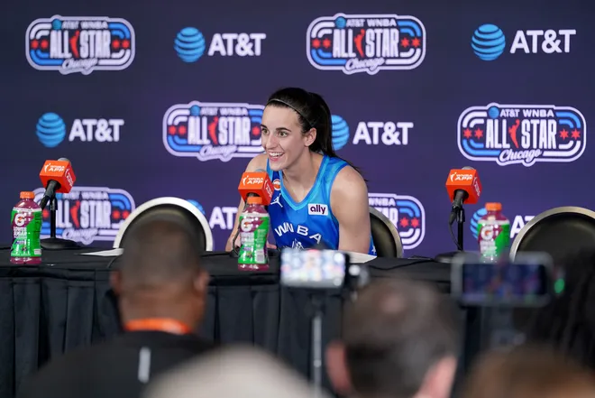 CHICAGO, ILLINOIS - JULY 25: Caitlin Clark #22 of Team Spoon speaks to the media during a press conference after the 2026 AT & T WNBA All-Star Game at the United Center on July 25, 2026, in Chicago, Illinois. NOTE TO USER: User expressly acknowledges and agrees that, by downloading and/or using this photograph, User is consenting to the terms and conditions of the Getty Images License Agreement. (Photo by Sage Zipeto/Getty Images)