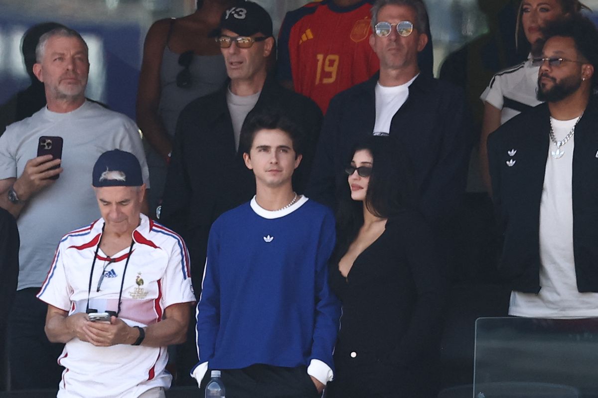 Timothée Chalamet, left, and Kylie Jenner attend the 2026 World Cup final at New York New Jersey Stadium.