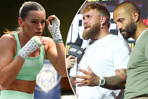 Aussie boxer Skye Nicolson and MVP promoters Jake Paul and Nakisa Bidaria.