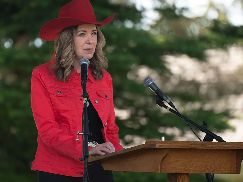 Alberta Premier Danielle Smith addresses attendees of the Legacy Stampede Breakfast at Heritage Park in Calgary on Sunday, July 5, 2026.
