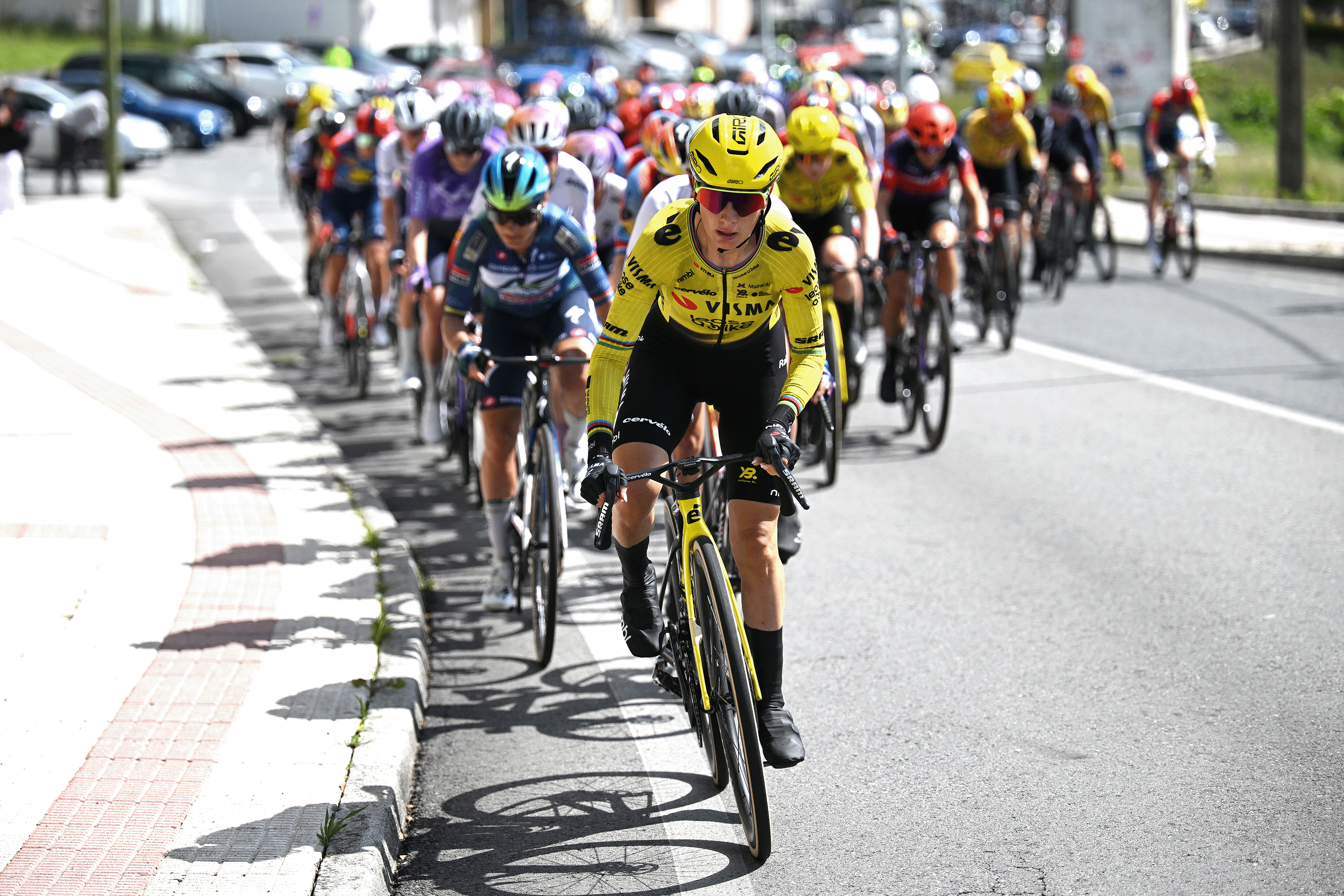 Pauline Ferrand-Prevot of France and Team Visma | Lease a Bike leads the peloton during the 12th La Vuelta Femenina 2026, Stage 3 a 121.2km stage from Padron to A Coruna / #UCIWWT / on May 05, 2026 in A Coruna, Spain. (Photo by Szymon Gruchalski/Getty Images)