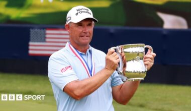 Padraig Harrington celebrates winning the US Senior Open