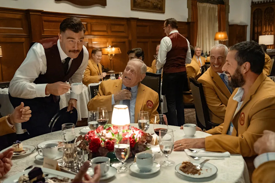 Travis Kelce, left, Jack Nicklaus, Corey Pavin, and Adam Sandler in "Happy Gilmore 2."