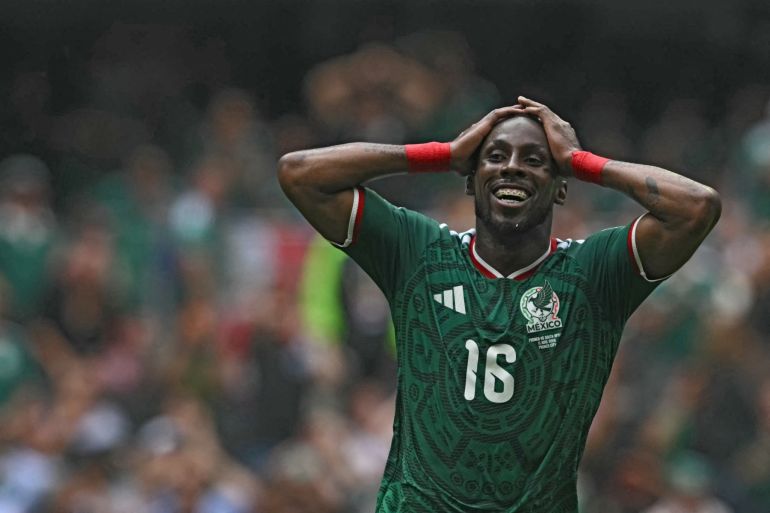 Mexico's forward #16 Julian Quinones reacts to a missed chance during the 2026 World Cup Group A football match between Mexico and South Africa