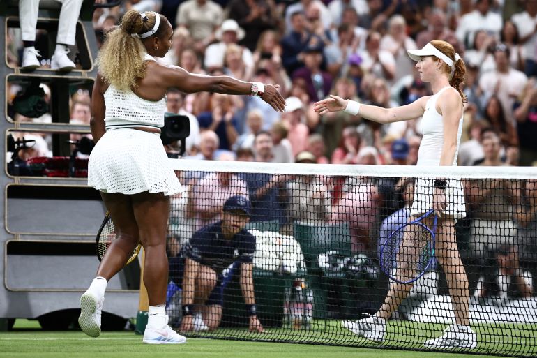 US player Serena Williams shakes hands with Australia's Maya Joint (R) after their women's singles first round tennis match on the second day of the 2026 Wimbledon Championships at The All England Lawn Tennis and Croquet Club in Wimbledon, southwest London, on June 30, 2026. (Photo by Henry Nicholls / AFP) / RESTRICTED TO EDITORIAL USE