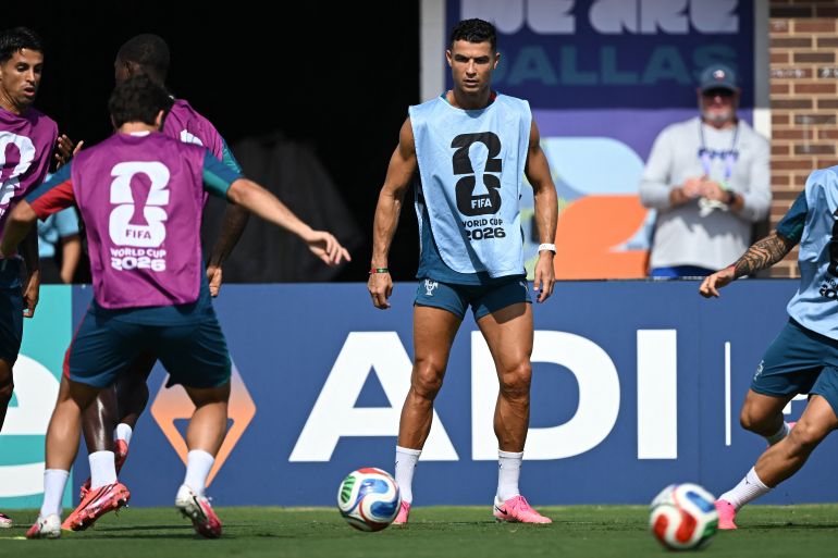 Portugal's forward #07 Cristiano Ronaldo takes part in an MD-1 training session at the Southern Methodist University (SMU) in University Park, Texas on July 5, 2026, on the eve of the 2026 World Cup round of 16 football match between Portugal and Spain. (Photo by Paul ELLIS / AFP)