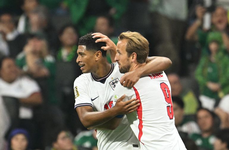 Jude Bellingham and Harry Kane react.