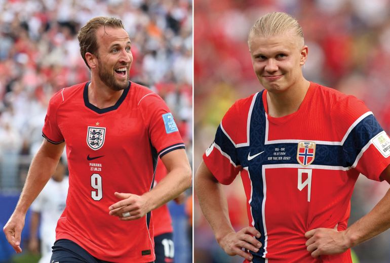 (COMBO) This combination of pictures created on July 10, 2026, shows England's forward #09 Harry Kane at the New York/New Jersey Stadium in East Rutherford on June 27, 2026; and Norway's forward #09 Erling Braut Haaland at the New York/New Jersey Stadium in East Rutherford on July 5, 2026. Norway and England will meet in a 2026 World Cup football tournament quarter-final match in Miami on July 11, 2026. (Photo by Angela WEISS and Odd ANDERSEN / AFP)