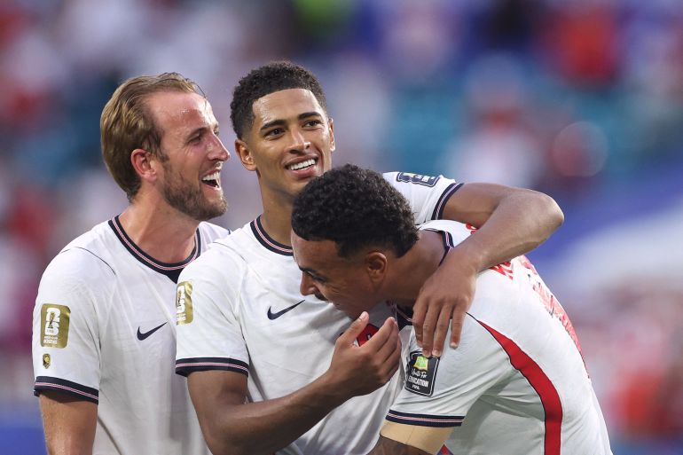 Harry Kane, Jude Bellingham and Morgan Rogers react.