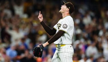 San Diego Padres' Mason Miller reacts after the team defeated the Toronto Blue Jays in a baseball game Saturday, July 11, 2026, in San Diego. (AP Photo/Derrick Tuskan)