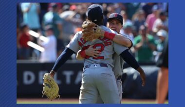 Boston Red Sox's Andruw Monasterio, left,  and Caleb Durbin, right, react after winning a baseball game against the New York Mets, Sunday, July 12, 2026, in New York. (AP Photo/Pamela Smith)